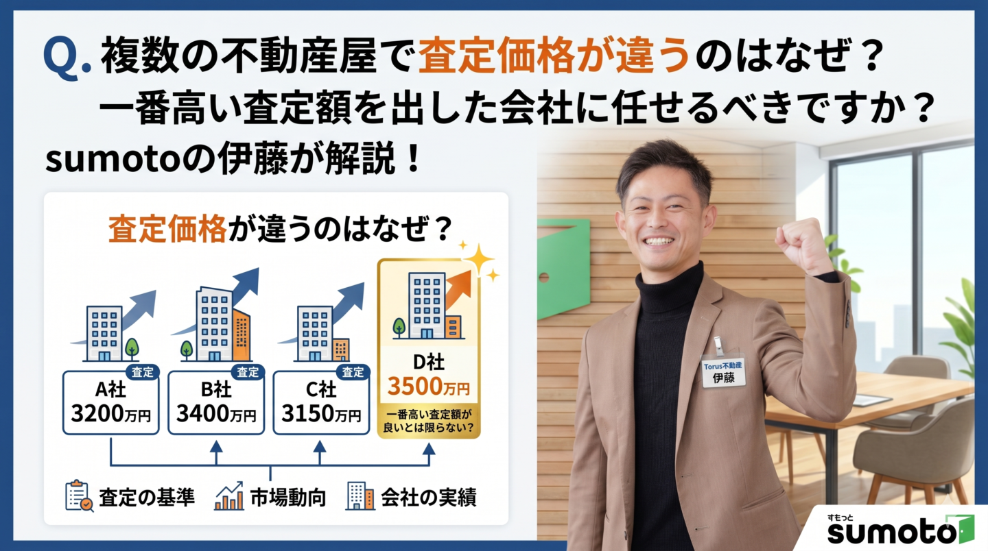 複数の不動産屋で査定価格が違う理由と、一番高い査定額の会社に任せるべきかを解説するブログ記事のアイキャッチ画像。sumotoの伊藤氏の写真と図解付き。