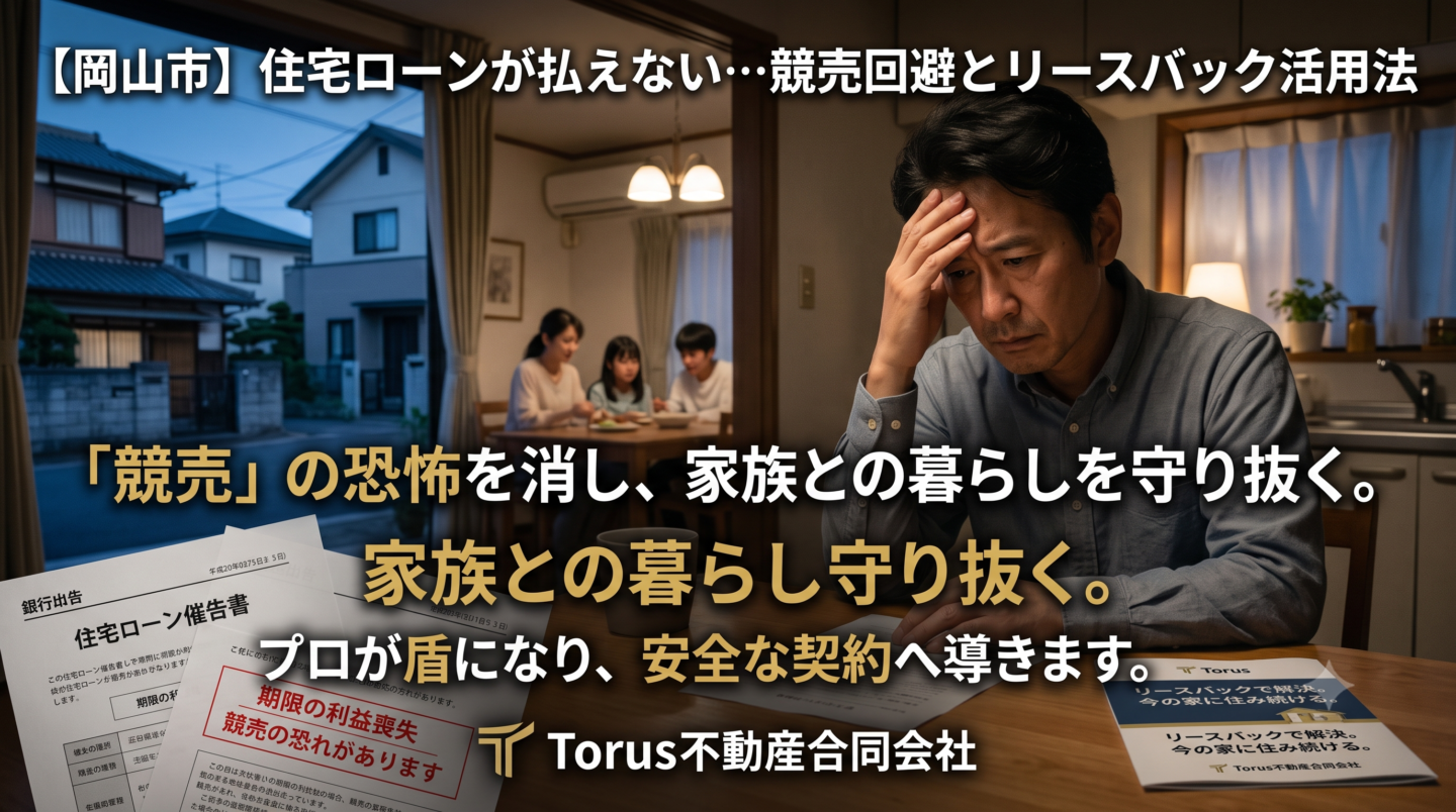 手前の薄暗い部屋で「住宅ローン催告書」を前に頭を抱える父親と、奥の明るい部屋で食卓を囲む家族の対比を描いた画像。画像には「【岡山市】住宅ローンが払えない…競売回避とリースバック活用法」「『競売』の恐怖を消し、家族との暮らしを守り抜く。」「プロが盾になり、安全な契約へ導きます。」というテキストとTorus不動産合同会社のロゴが配置されている。住宅ローン滞納による競売の危機から、プロのサポートで家族の日常を守り抜く決意を表現したブログ用アイキャッチ画像。