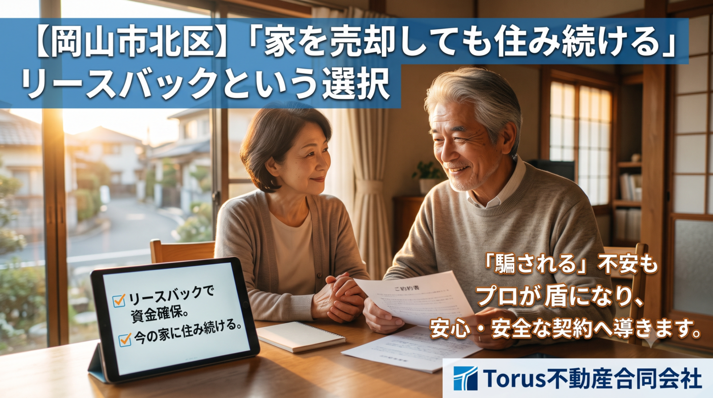 自宅のリビングで安堵したような笑顔で向かい合うシニア夫婦。手前のタブレットには「リースバックで資金確保。今の家に住み続ける。」と書かれている。画像には「【岡山市北区】『家を売却しても住み続ける』リースバックという選択」「『騙される』不安もプロが盾になり、安心・安全な契約へ導きます。」というテキストと、右下に「Torus不動産合同会社」のロゴが配置されている。老後資金の不安を抱えるシニア層に向けた、リースバックを解説するブログのアイキャッチ画像。