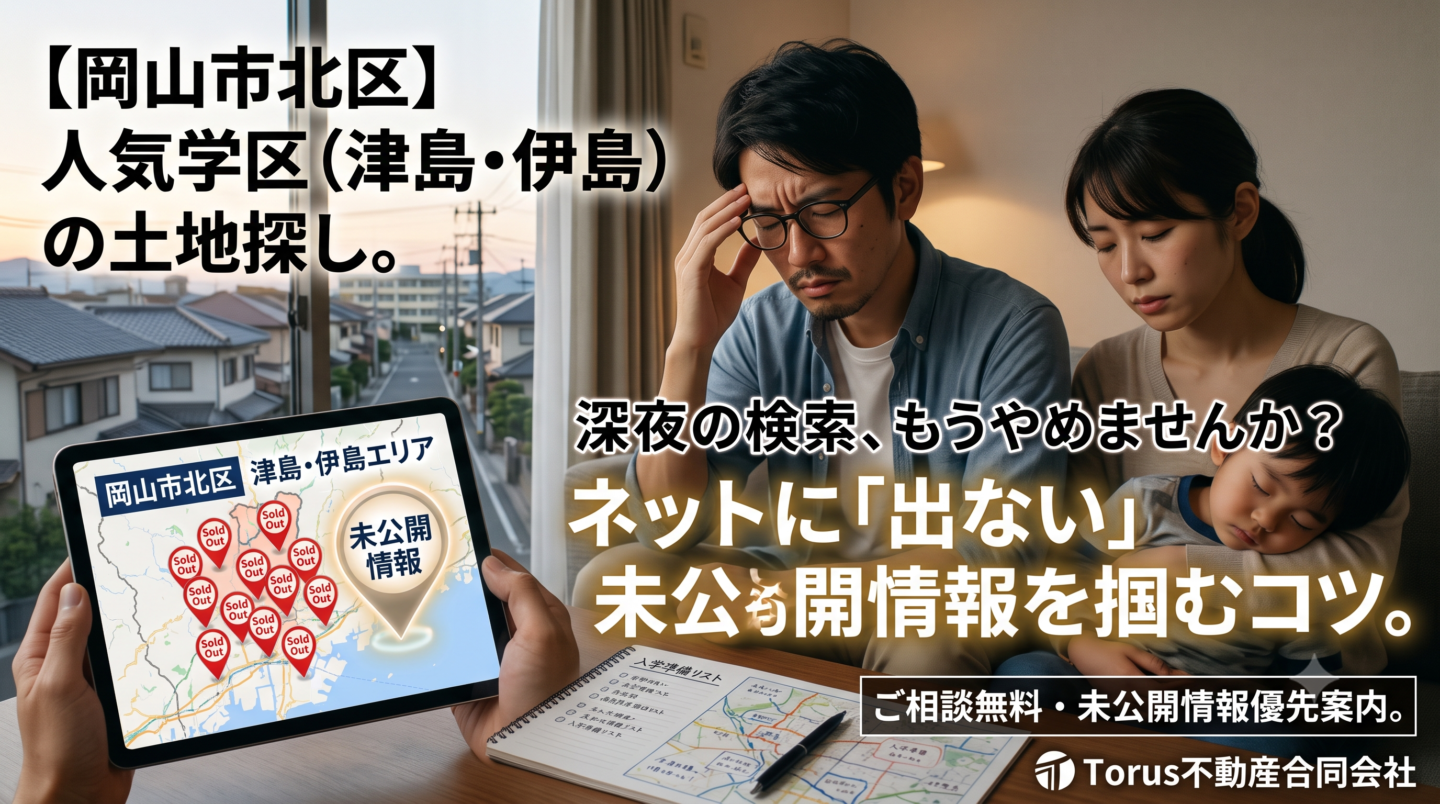 深夜の薄暗い部屋で、頭を抱えて疲弊する父親と、眠る子どもを抱き抱える母親の画像。手前のタブレットには岡山市北区（津島・伊島エリア）の地図が表示され、大量の「Sold Out」のピンの中に光り輝く「未公開情報」のピンが立っている。画像には「【岡山市北区】人気学区（津島・伊島）の土地探し。深夜の検索、もうやめませんか？ネットに『出ない』未公開情報を掴むコツ。」というテキストとTorus不動産合同会社のロゴが配置されている。人気学区の土地探しに疲弊する子育て世代に向け、未公開情報を得る解決策を提示したブログ用アイキャッチ画像。