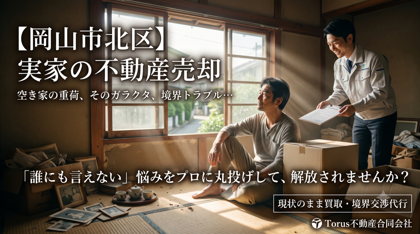 荷物が散乱する和室に座り、窓から差し込む光を浴びてホッとした表情を浮かべる中年男性のイラスト。スーツ姿のプロ（不動産会社）の手から、解決を意味する書類と「Torus」のロゴ入り封筒を受け取っている。画像には「【岡山市北区】実家の空き家売却。重圧をプロに丸投げ。境界も片付けも最適解。」「現状買取・境界トラブル代行。」というテキストとTorus不動産合同会社のロゴが配置されている。実家の片付けや境界トラブルの重圧から解放される様子を描いたブログ用アイキャッチ画像。