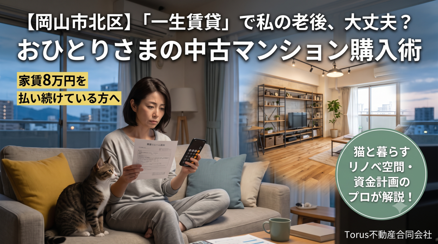 賃貸マンションのソファで、家賃の更新通知とスマートフォンの電卓を見つめながら将来の老後資金に不安を抱える40代の単身女性。傍らにはキジトラの猫が寄り添っている。右側には、女性が憧れるおしゃれにリノベーションされた明るいリビングのイメージが重なって見えている。画像には「【岡山市北区】『一生賃貸』で私の老後、大丈夫？おひとりさまの中古マンション購入術」「家賃8万円を払い続けている方へ」「猫と暮らすリノベ空間・資金計画のプロが解説！」というテキストと、Torus不動産合同会社のロゴが配置されている。単身女性の中古マンション購入をテーマにしたブログのアイキャッチ画像。