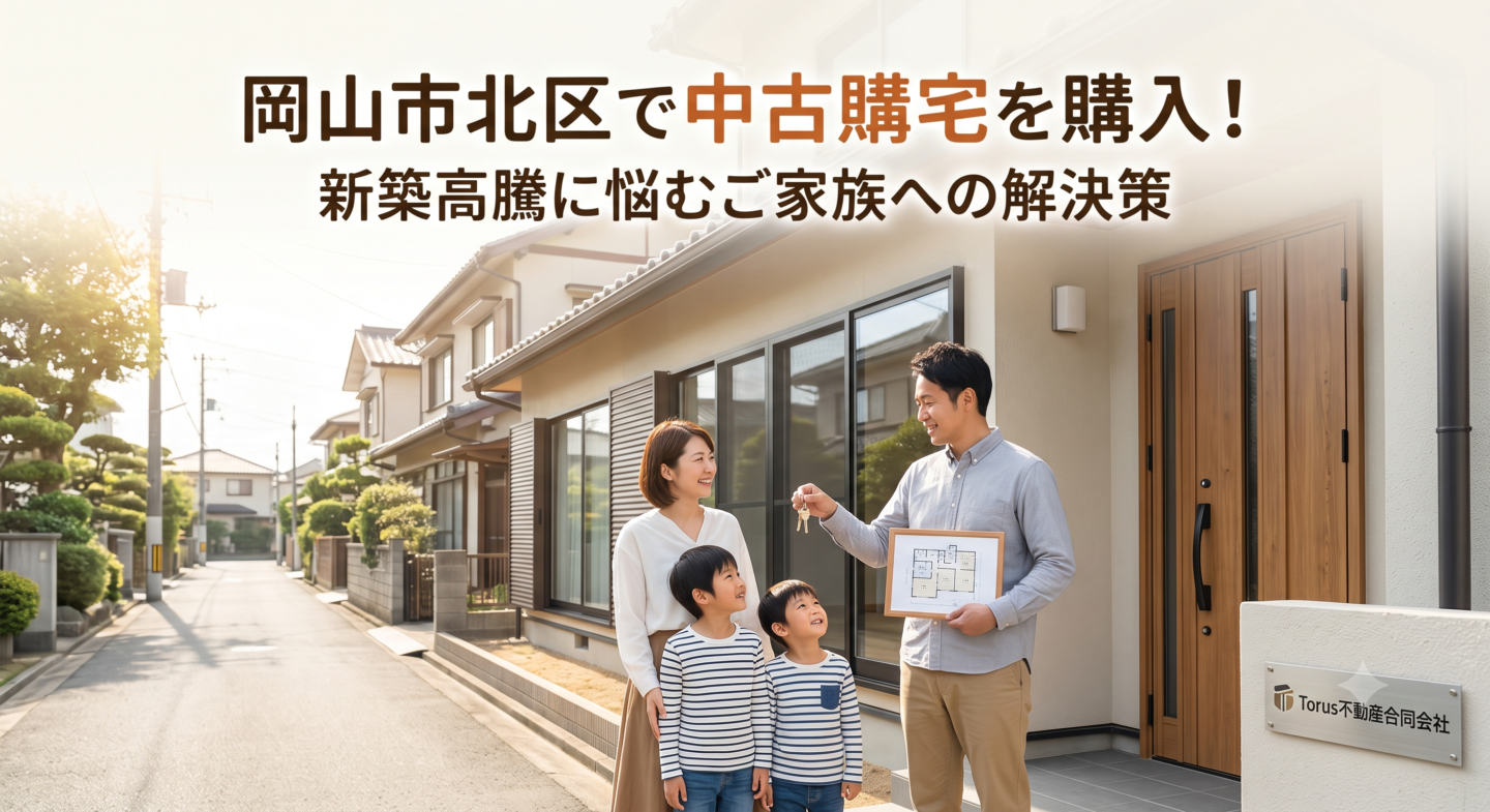 岡山市北区で中古住宅を購入し、家の前で鍵と図面を手にして喜ぶ4人家族のイメージ画像。