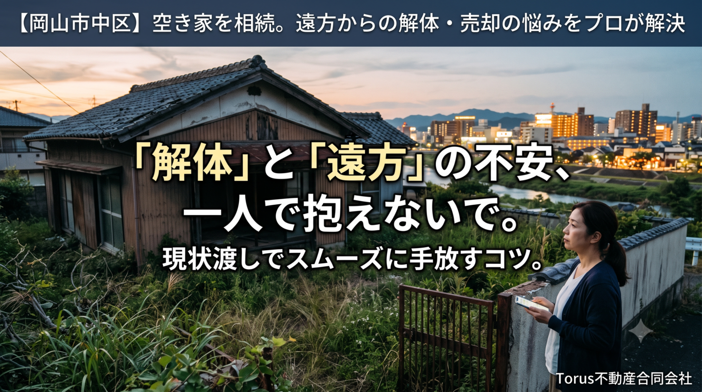 夕暮れ時の街並みを背景に、雑草が生い茂る古い空き家の前に立ち、スマートフォンを手に不安げな表情を浮かべる女性。画像には「【岡山市中区】空き家を相続。遠方からの解体・売却の悩みをプロが解決」「『解体』と『遠方』の不安、一人で抱えないで。現状渡しでスムーズに手放すコツ。」というテキストと、右下に「Torus不動産合同会社」のロゴが配置されている。遠方にお住まいの方の空き家売却・解体の悩みを表現したブログのアイキャッチ画像。