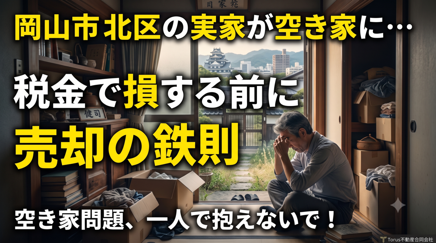 「岡山市北区の実家が空き家に…税金で損する前に売却の鉄則」「空き家問題、一人で抱えないで！」という文字が配置されたブログのアイキャッチ画像。段ボールや荷物が散乱する古い和室で、実家の片付けや空き家問題に頭を抱えて悩む50代男性の姿が描かれている。