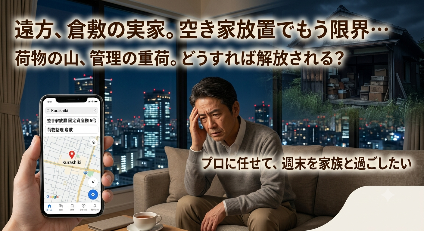 遠方にある倉敷市の実家(空き家)の管理に悩む男性のイメージ画像。