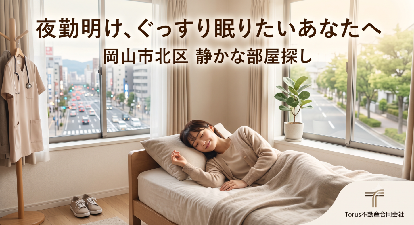 夜勤明け、ぐっすり眠りたいあなたへ。岡山市北区で静かな部屋探しをする女性のイメージ画像（Torus不動産合同会社）