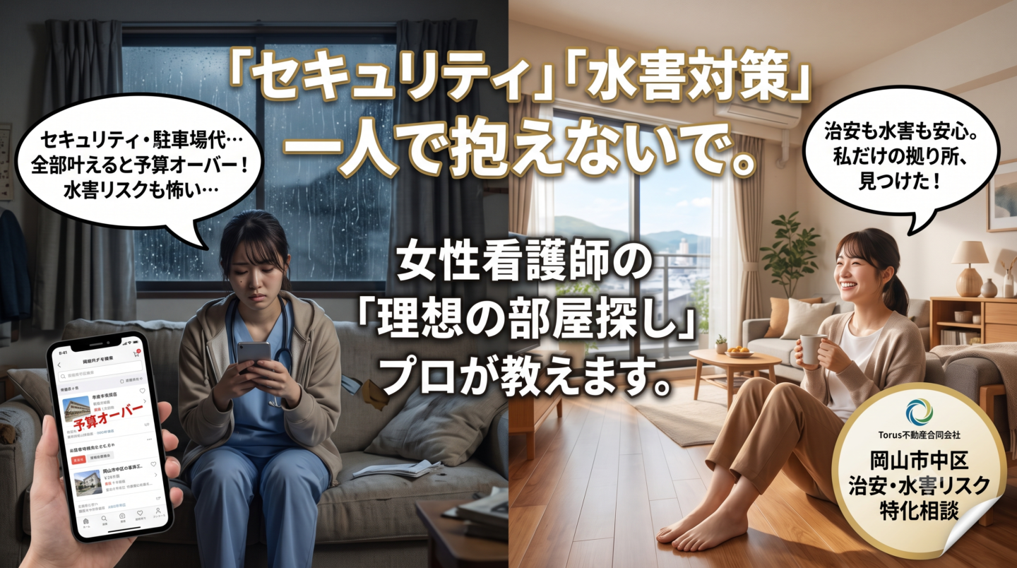 暗い雨の部屋で「予算オーバー」「水害リスクも怖い」とスマホを見つめながら部屋探しに悩むスクラブ姿の女性看護師と、明るく綺麗なリビングで「治安も水害も安心」と笑顔でくつろぐ私服姿の女性を対比させた画像。中央には「『セキュリティ』『水害対策』一人で抱えないで。女性看護師の『理想の部屋探し』プロが教えます。」というテキストが配置されている。右下にはTorus不動産合同会社のロゴ。女性医療従事者の部屋探しの悩みをプロが解決することを表現したブログ用アイキャッチ画像。