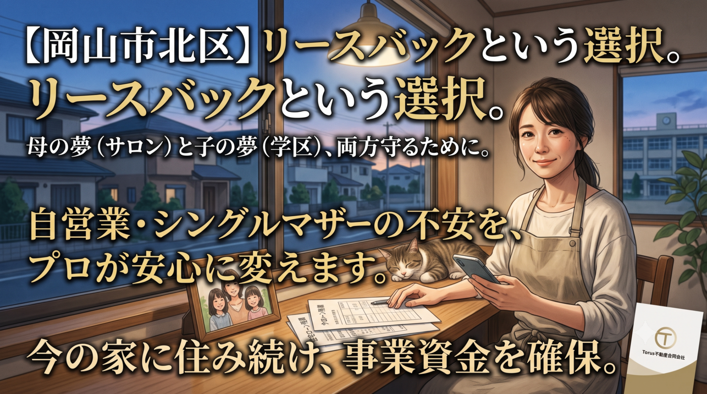 夜の窓辺で帳簿を前にホッとしたように微笑む女性のイラスト。机には娘2人との家族写真が飾られ、窓の外には学校の校舎が見える。画像には「【岡山市北区】リースバックという選択。」「母の夢（サロン）と子の夢（学区）、両方守るために。」「自営業・シングルマザーの不安を、プロが安心に変えます。」「今の家に住み続け、事業資金を確保。」というテキストとTorus不動産合同会社のロゴが配置されている。事業資金と学区の悩みをリースバックで解決し、安心を取り戻した自営業のシングルマザーを描いたブログ用アイキャッチ画像。