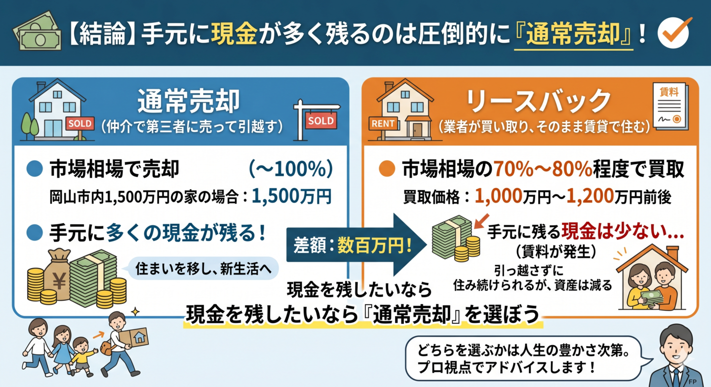 「通常売却」と「リースバック」を比較し、結論として手元に現金が多く残るのは「通常売却」であることを示すインフォグラフィック。タイトルは「【結論】手元に現金が多く残るのは圧倒的に『通常売却』!」。左側(通常売却)は青い枠で囲まれ、仲介で第三者に売って引越す方法を説明。市場相場(〜100%)で売却でき、例として岡山市内1,500万円の家が1,500万円で売れ、手元に多くの現金が残るメリットと、大量の現金や引越しをする家族のイラストを掲載。右側(リースバック)は橙色の枠で囲まれ、業者が買い取り、そのまま賃貸で住む方法を説明。市場相場の70%〜80%程度での買取となり、例として買取価格が1,000万円〜1,200万円前後で、手元に残る現金は少ない(賃料が発生)というデメリットと、少量の現金や家に留まる家族のイラストを掲載。中央には「差額:数百万円!」という大きな青い矢印と、「現金を残したいなら『通常売却』を選ぼう」というメッセージ。下部にはFP(ファイナンシャルプランナー)の男性イラストと共に「どちらを選ぶかは人生の豊かさ次第。プロ視点でアドバイスします!」というテキストが添えられている。