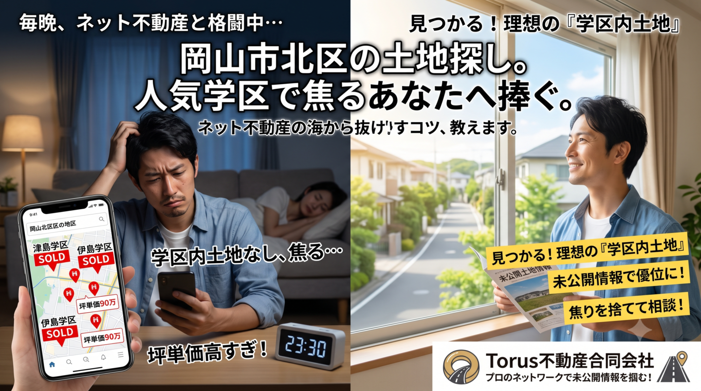 左右で対比された画像。左側は夜遅くに暗い部屋で「SOLD（売却済）」ばかりの不動産アプリを見つめて頭を抱える男性。右側は明るい部屋で「未公開土地情報」の資料を手に笑顔で窓の外を眺める男性。中央には「岡山市北区の土地探し。人気学区で焦るあなたへ捧ぐ。ネット不動産の海から抜け出すコツ、教えます。」というテキストが配置され、右下にはTorus不動産合同会社のロゴがある。人気学区での土地探しに焦るお父さんが、プロの未公開情報で理想の土地を見つける様子を表現したブログ用アイキャッチ画像。
