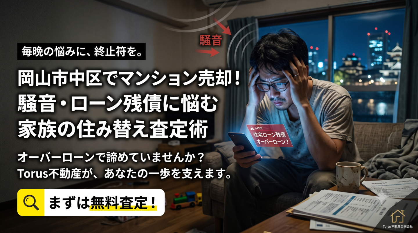 薄暗いマンションの一室で、ソファに座り、スマートフォンを睨みつけながら頭を抱える30代後半の男性(父親)。彼の頭上には赤い波紋と赤い矢印で『騒音』、手元のスマートフォンの画面には赤い警告で『住宅ローン残債』『オーバーローン?』と書かれている。窓の外には岡山市中区の夜景が見える。画面左には大きな白い日本語テキストで『毎晩の悩みに、終止符を。』、その下に『岡山市中区でマンション売却!騒音・ローン残債に悩む家族の住み替え査定術』、その下に『オーバーローンで諦めていませんか?Torus不動産が、あなたの一歩を支えます。』と書かれている。左下には虫眼鏡アイコンと『まずは無料査定!』と書かれた黄色のCTAボタンがある。右下には『Torus不動産合同会社』のロゴ。孤独な深夜の悩みを表現した、不動産住み替えに関するブログ記事のアイキャッチ画像。