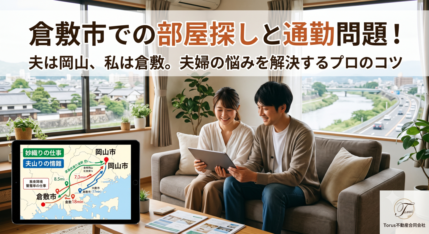 夫は岡山市、妻は倉敷市へ通勤するご夫婦が、笑顔でタブレットを見ながら部屋探しをしているイメージ画像。