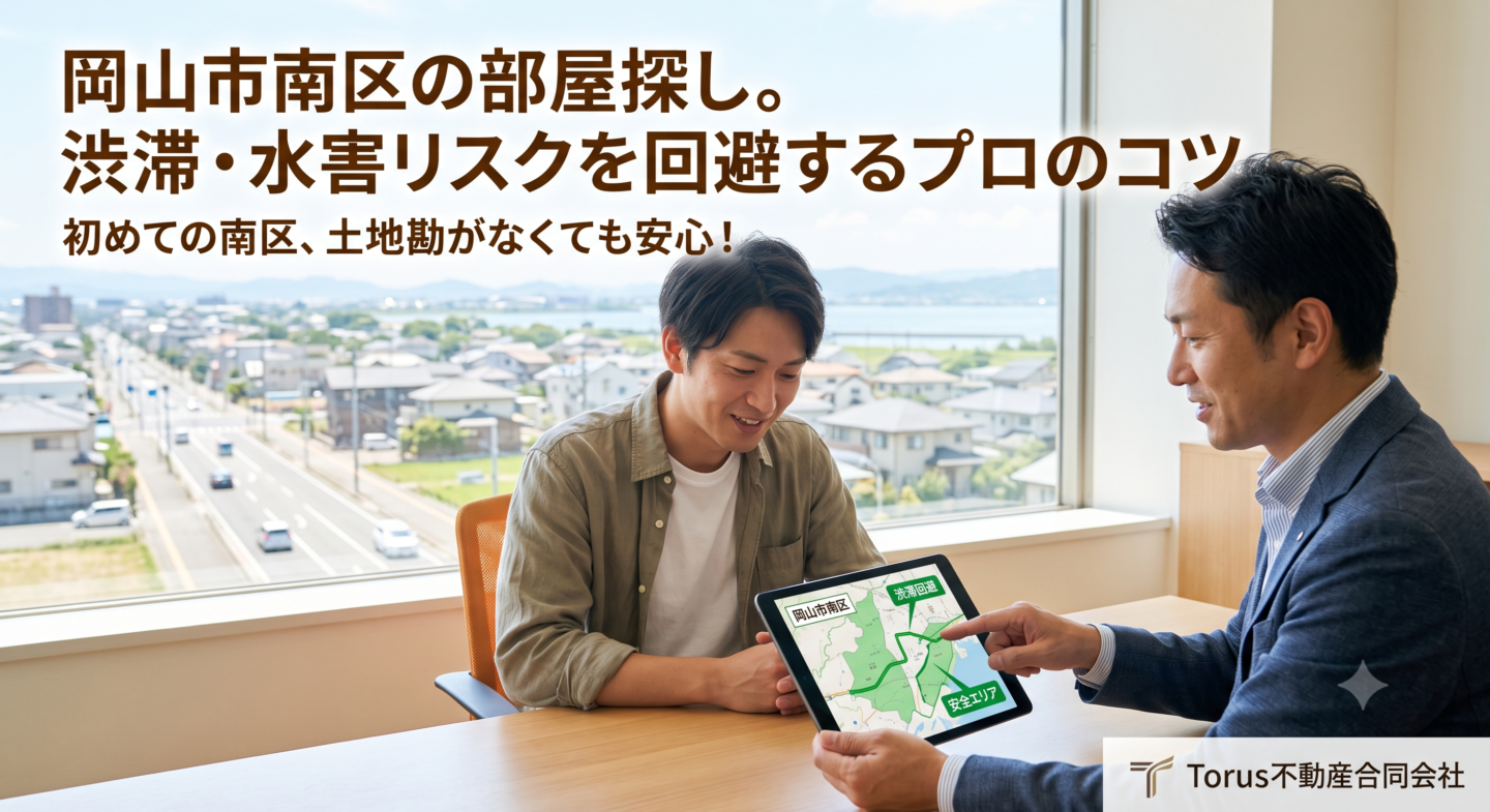 岡山市南区で、渋滞と水害リスクを避けた部屋探しについて、Torus不動産のエージェントと地図を見ながら相談する男性のイメージ画像。