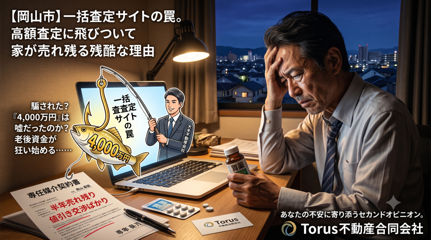 夜の薄暗い部屋で、胃薬を手に持ち頭を抱えて深く悩む中高年男性のイラスト。机の上のパソコンには、不動産会社の営業マンが「4,000万円」という釣り餌を垂らしているイラストが表示され、手前には「半年売れ残り 値引き交渉ばかり」と赤字で書かれた専任媒介契約書が置かれている。画像には「【岡山市】一括査定サイトの罠。高額査定に飛びついて家が売れ残る残酷な理由」「騙された？『4,000万円』は嘘だったのか？老後資金が狂い始める……」「あなたの不安に寄り添うセカンドオピニオン。Torus不動産合同会社」というテキストが配置されている。不動産一括査定の高額な査定額に騙され、家が売れ残ってしまった男性の苦悩を表現したブログ用アイキャッチ画像。
