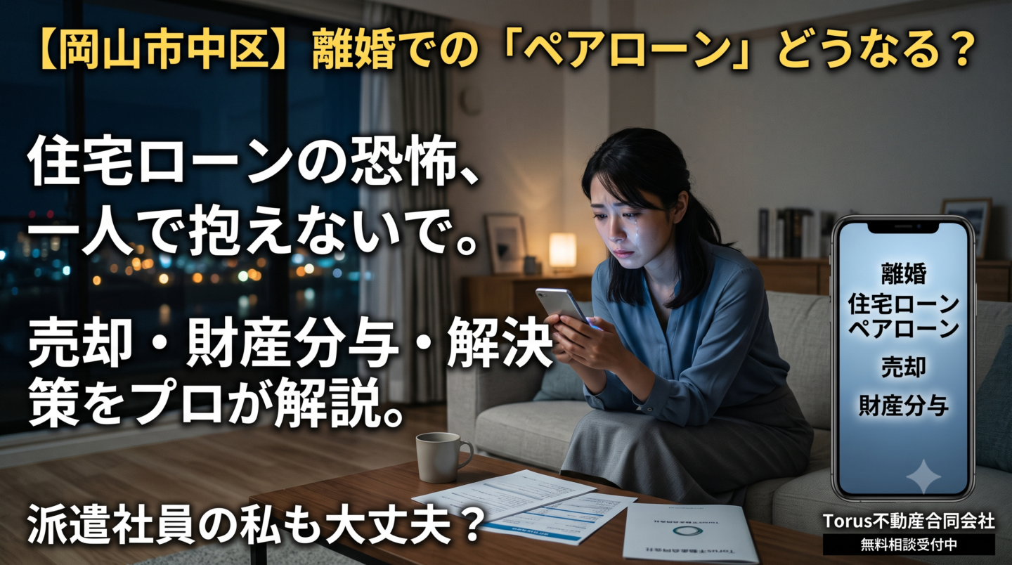 夜の薄暗いリビングで、ソファに座り涙を流しながらスマートフォンを見つめる女性。テーブルには書類が置かれている。画像には「【岡山市中区】離婚での『ペアローン』どうなる？」「住宅ローンの恐怖、一人で抱えないで。売却・財産分与・解決策をプロが解説。派遣社員の私も大丈夫？」というテキストが配置されている。右側には「離婚」「住宅ローン」「ペアローン」「売却」「財産分与」と検索キーワードが並んだスマートフォンの画面イラスト、右下には「Torus不動産合同会社 無料相談受付中」と記載されている。離婚に伴うペアローン売却の悩みを表現したブログのアイキャッチ画像。