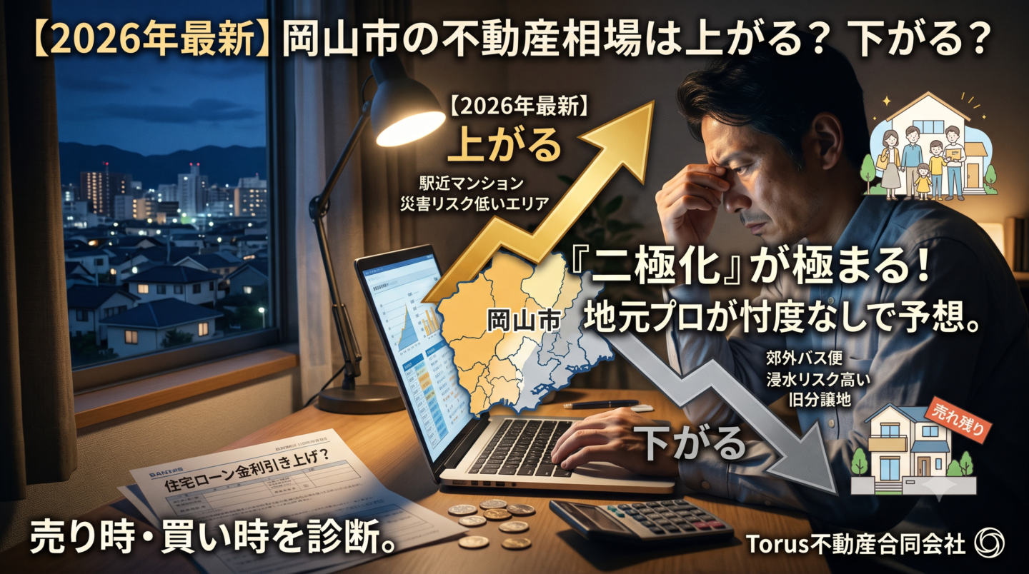 夜の薄暗い部屋で「住宅ローン金利引き上げ?」と書かれた書類やパソコンのグラフを前に、眉間を押さえて深く悩む男性の画像。中央には岡山市の地図と「『二極化』が極まる!地元プロが忖度なしで予想。」というテキストが配置されている。さらに、「駅近マンション・災害リスク低いエリア」の価値が上がることを示す上向きの矢印と、「郊外バス便・浸水リスク高い・旧分譲地」の価値が下がる(売れ残る)ことを示す下向きの矢印で相場の二極化を視覚的に表現。画像上下には「【2026年最新】岡山市の不動産相場は上がる?下がる?」「売り時・買い時を診断。Torus不動産合同会社」と記載されている。金利上昇のニュースに振り回され、住み替えのタイミングを見失っている男性の不安と、地元プロによる解決策を提示したブログ用アイキャッチ画像。