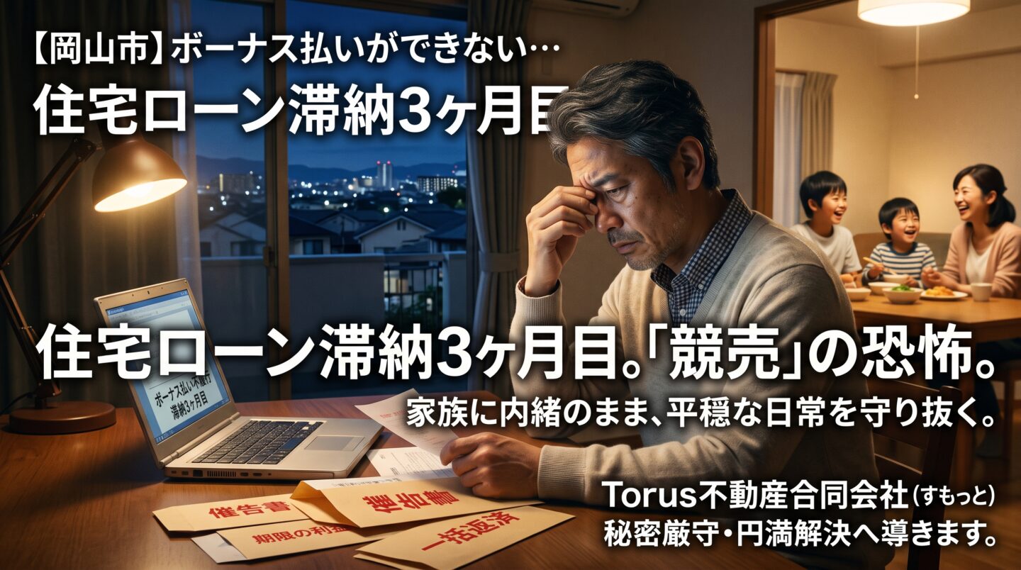 薄暗い部屋で「催告書」を前に頭を抱える40代の父親と、奥の明るい部屋で談笑する家族の対比を描いた画像。画像には「【岡山市】ボーナス払いができない…住宅ローン滞納3ヶ月目。『競売』の恐怖。」「家族に内緒のまま、平穏な日常を守り抜く。」というテキストとTorus不動産合同会社のロゴが配置されている。ボーナス減額で住宅ローンが払えなくなった父親の焦りと、プロのサポートで競売を回避し家族を守る決意を表現したブログ用アイキャッチ画像。